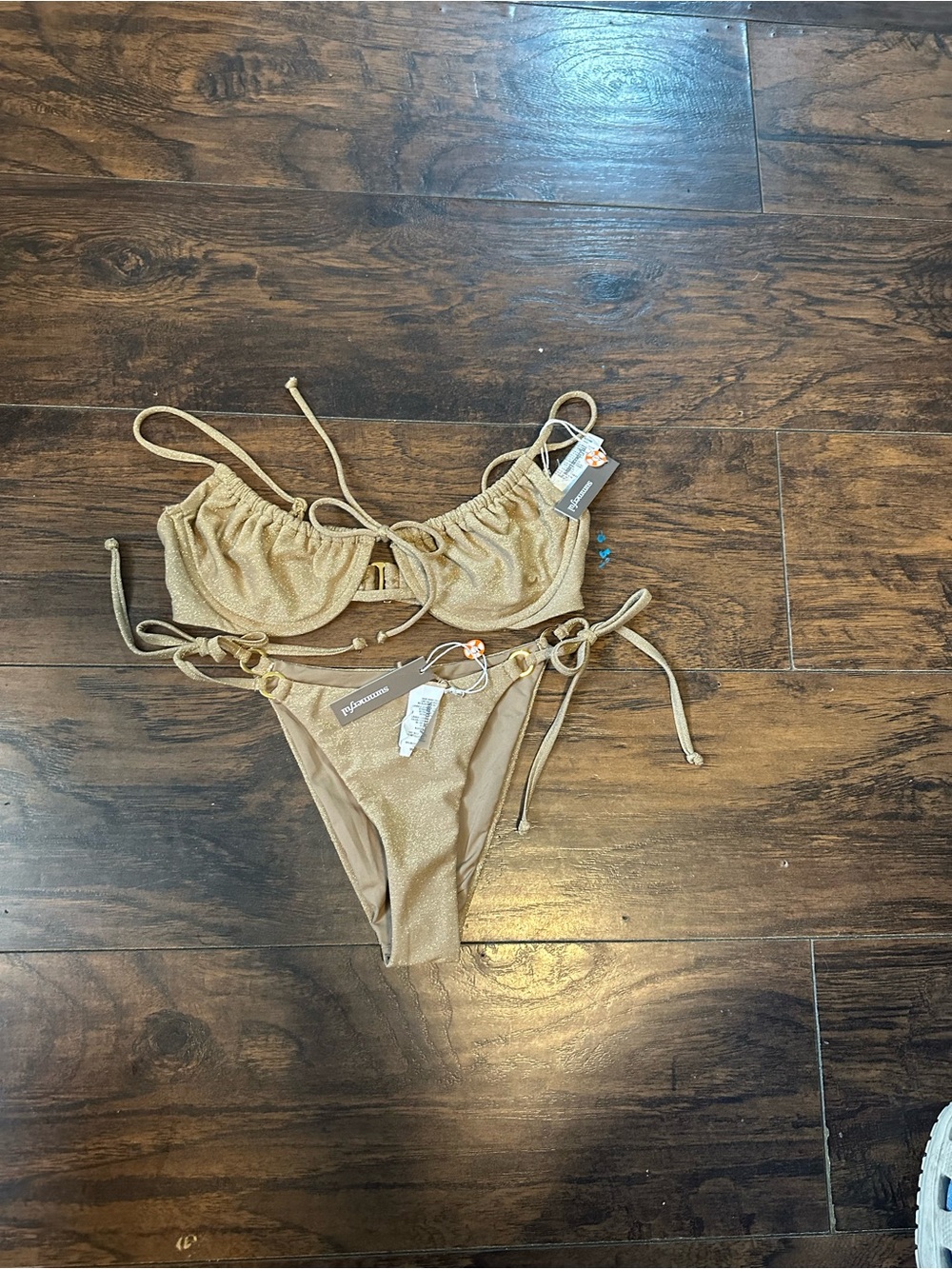 Metallic Gold Tie-Detail Bikini Set - Women's Swim top medium , bikini xsmall